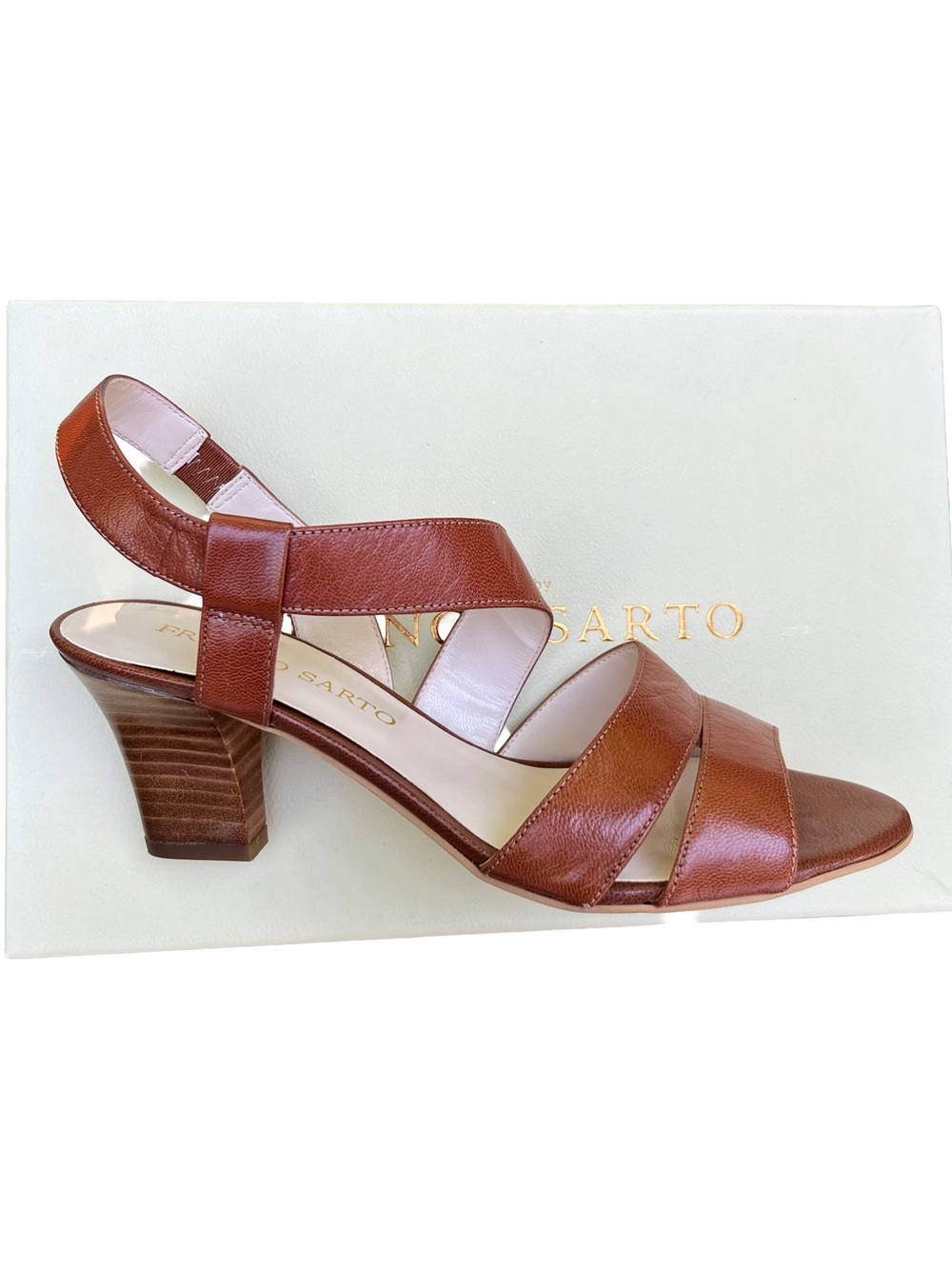 Franco Sarto Leather Block Heel Sandals Cognac Brown 7